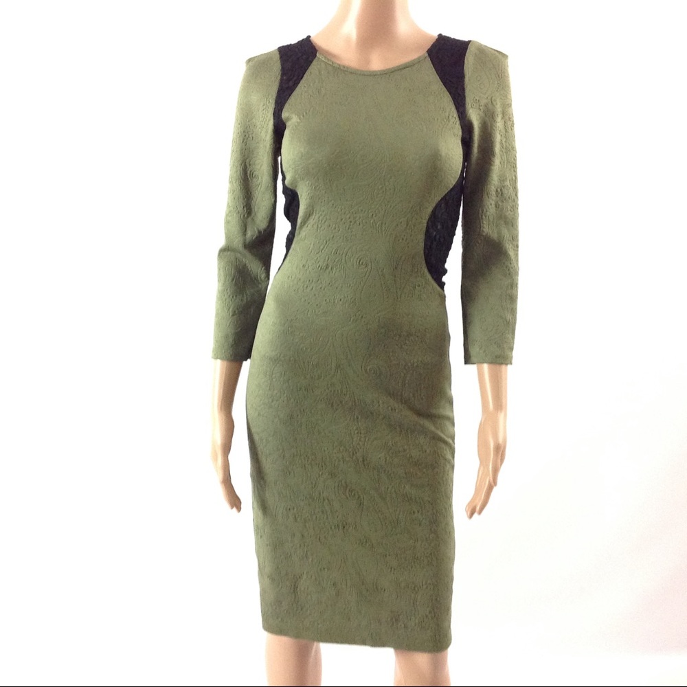 Women Knee Length Sheath Dress XS Green Lace Black